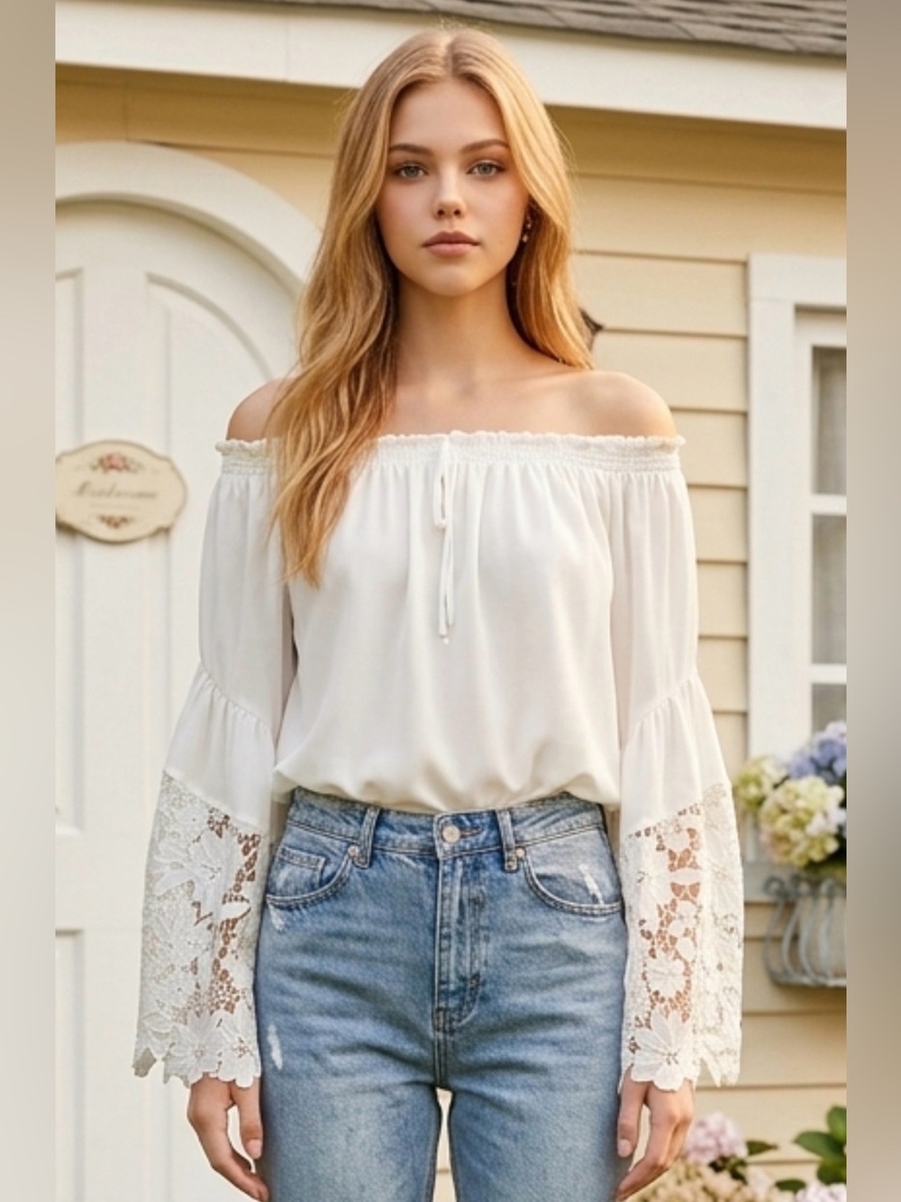 Joseph Ribkoff Off-Shoulder Cream Blouse with Lace Bell Sleeves